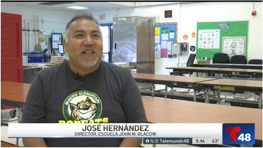screenshot of Telemundo broadcast featuring Blacow Elementary and Principal Jose Hernandez
