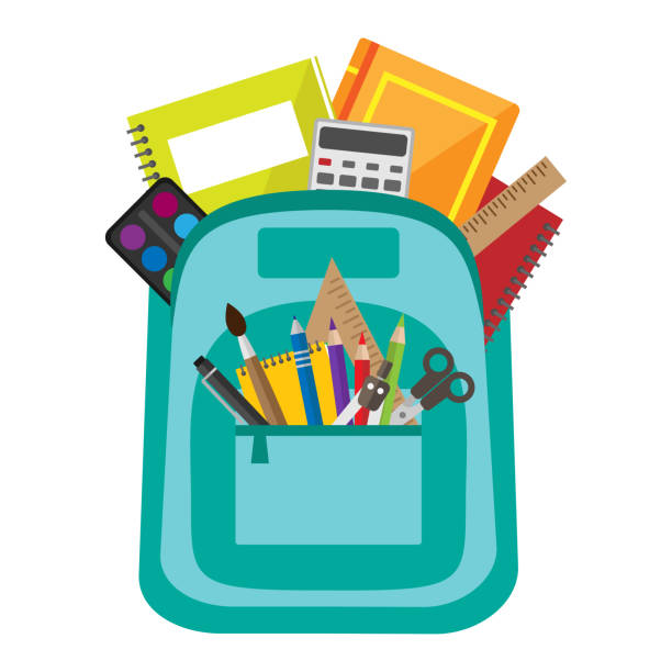Open vector bag with school stationery and supllies. Back to school illustration