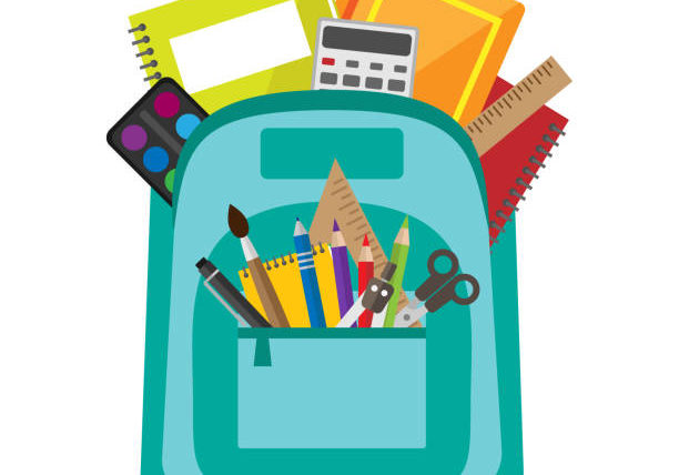 Open vector bag with school stationery and supllies. Back to school illustration