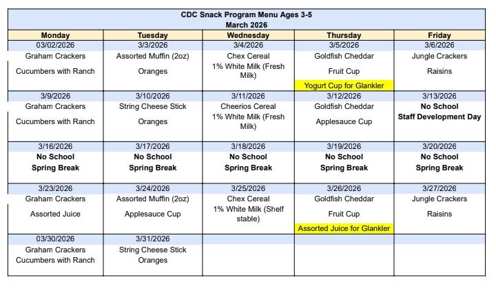 Preschool snack menu March 2026
